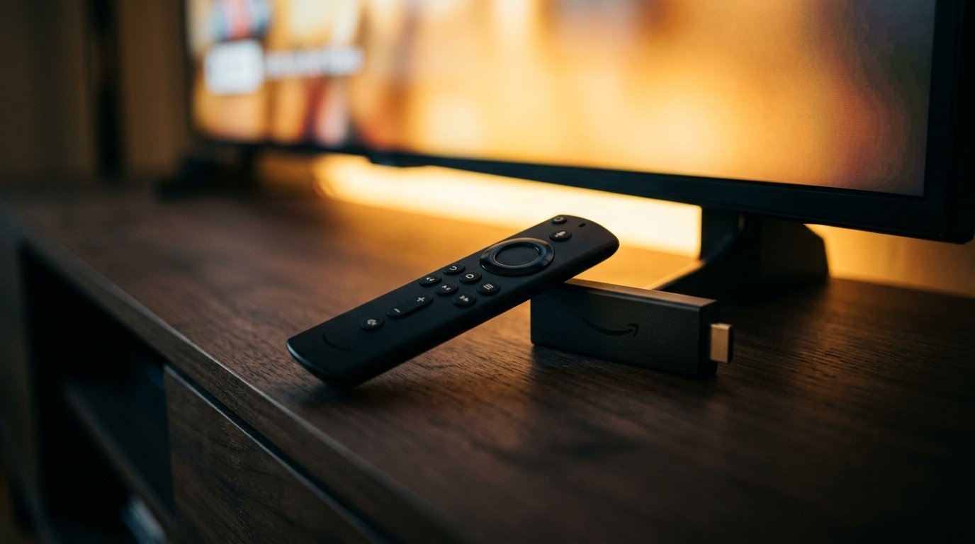 Amazon Fire TV Stick 4K plugged into HDMI port with TiviMate IPTV interface