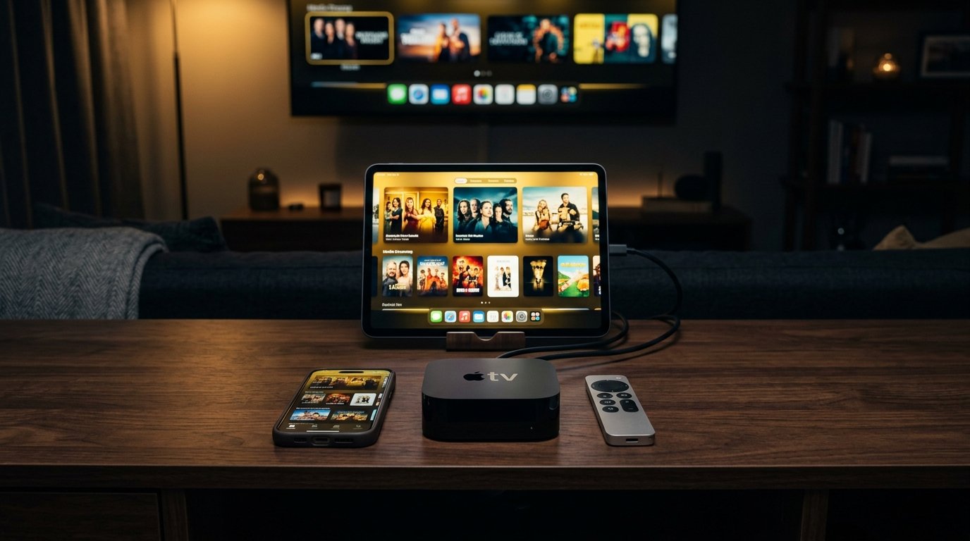 Apple TV 4K box with Siri Remote and iPhone displaying modern IPTV player interface