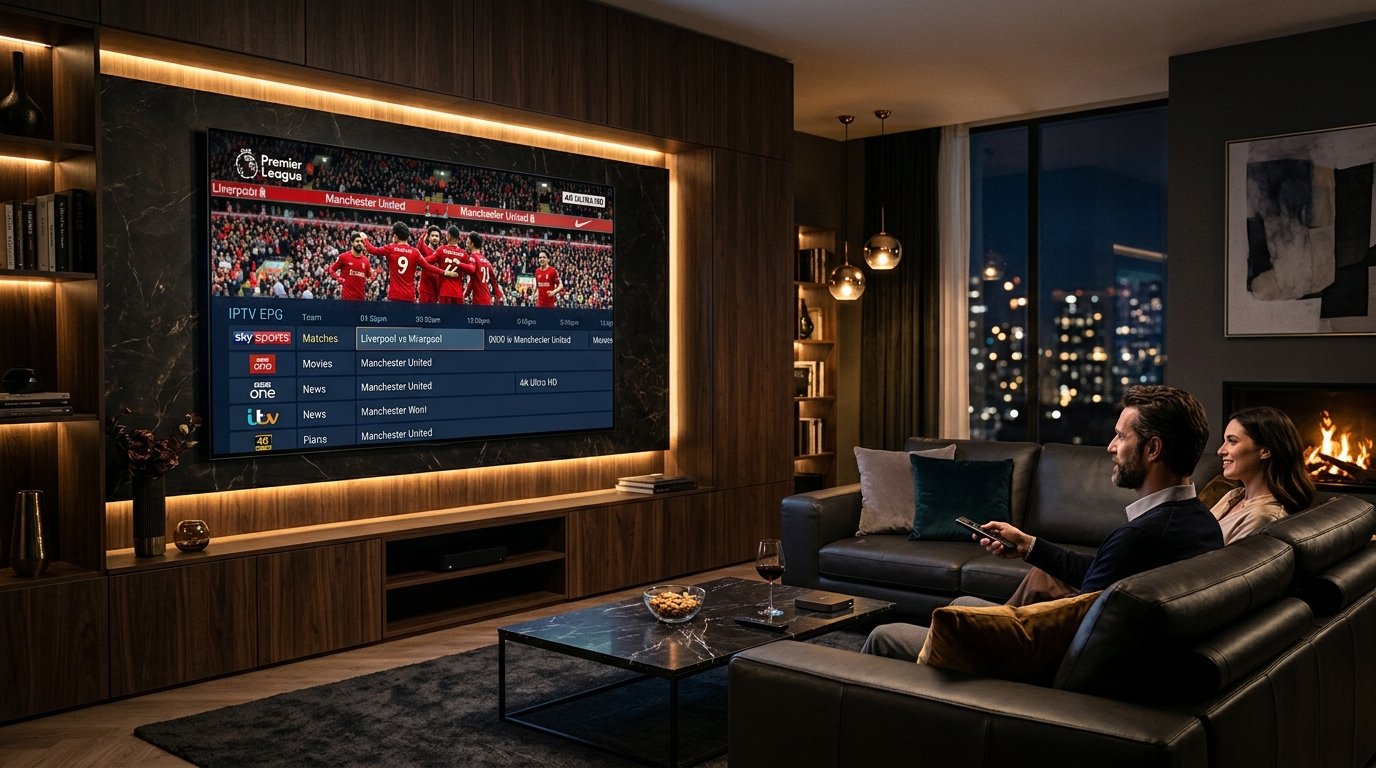 Modern UK living room streaming 4K IPTV interface on Smart TV with Firestick
